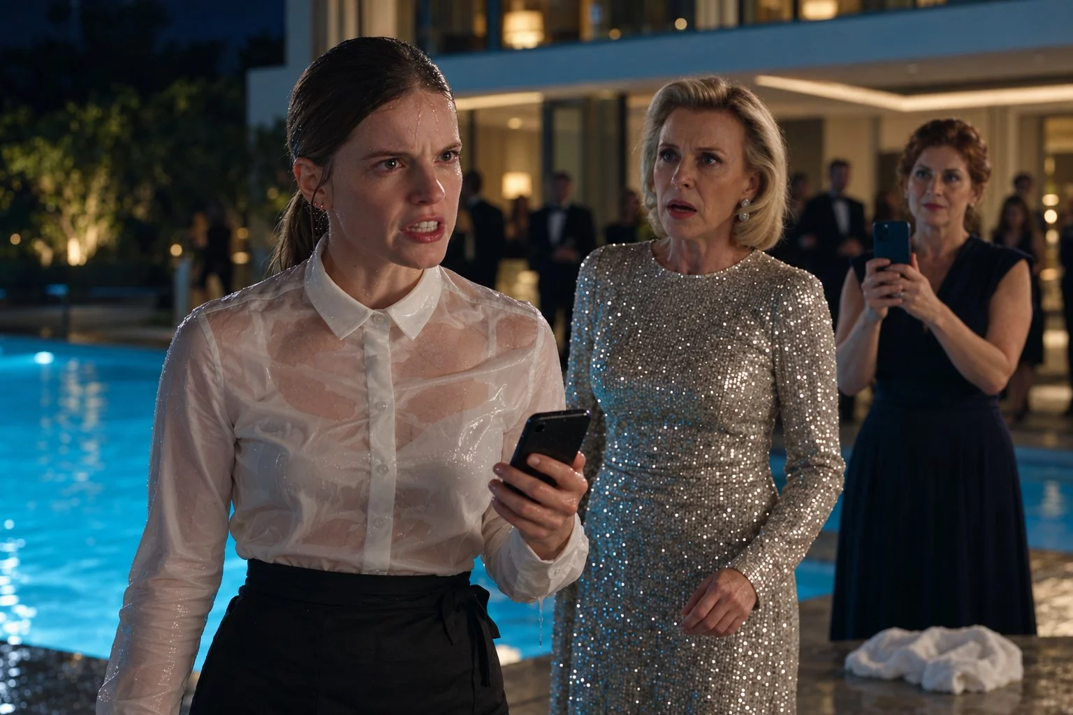 Camille trempée tient son téléphone devant Victoria et Sophie près de la piscine.