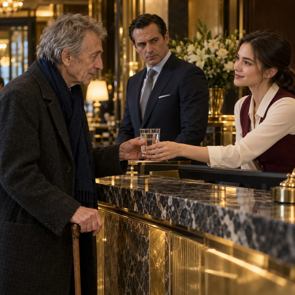 Henri reçoit un verre d’eau offert par Élise sous le regard de Marc.