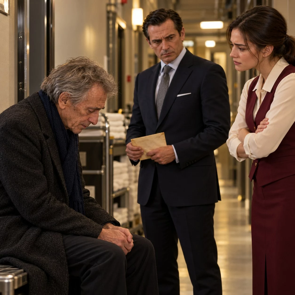 Élise et Henri écoutent les aveux de Marc dans le couloir de l’hôtel.