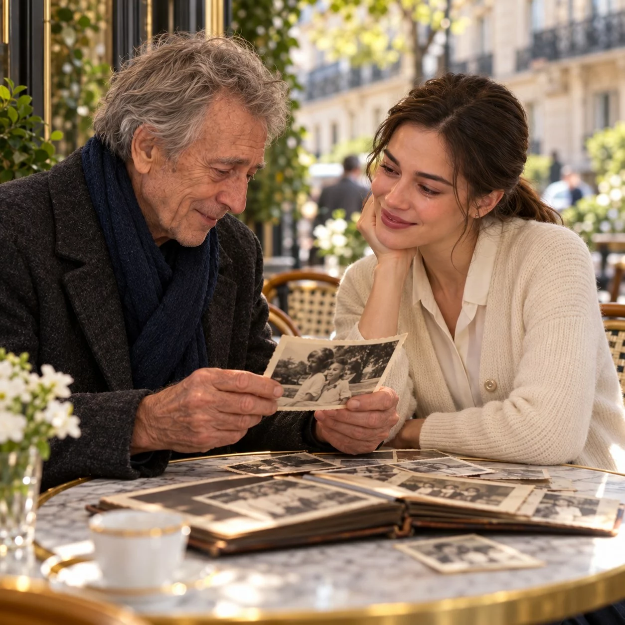 Henri et Élise regardent des photographies de famille dans un café.
